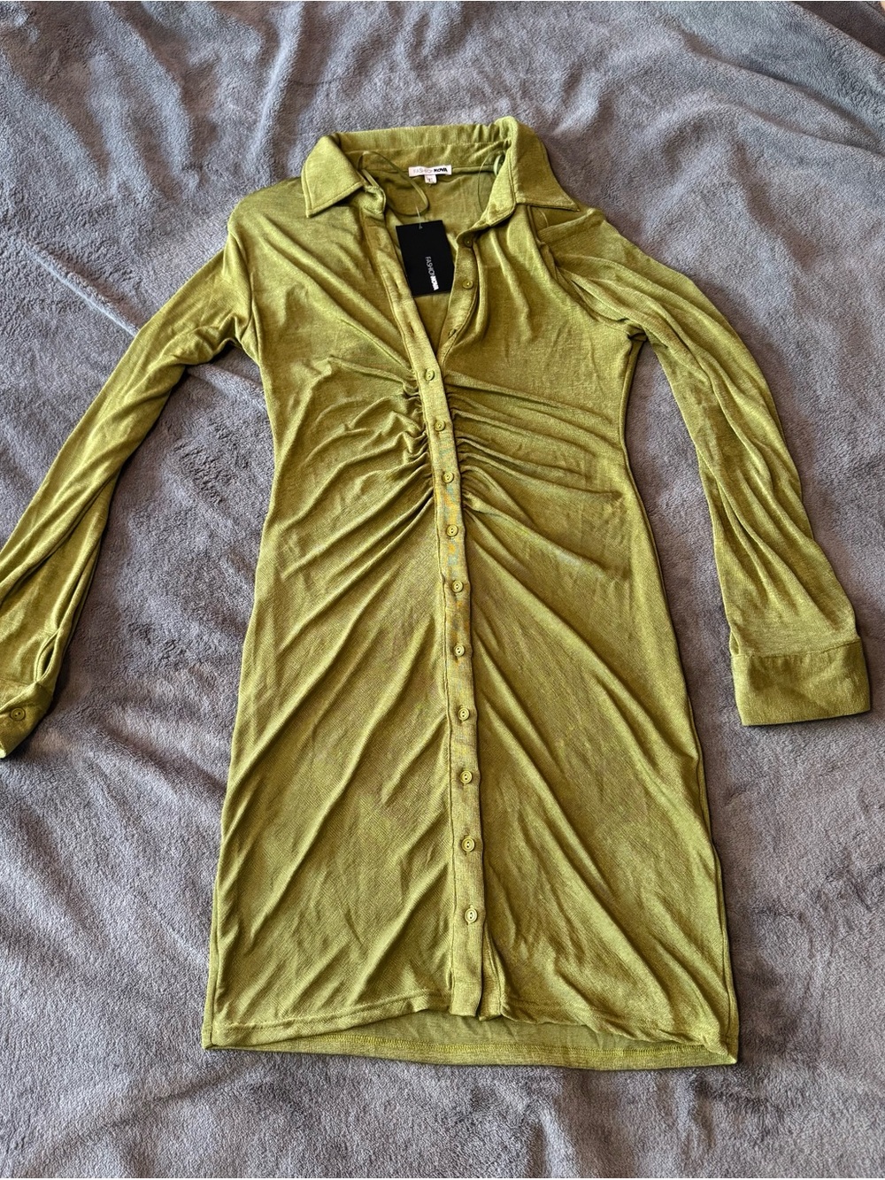 Fashion Nova Olive Green Ruched Button-Front Long Sleeve Dress